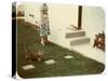 Tabby Cat on Lawn with Lady-null-Stretched Canvas