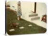 Tabby Cat on Lawn with Lady-null-Stretched Canvas