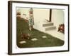 Tabby Cat on Lawn with Lady-null-Framed Art Print