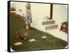 Tabby Cat on Lawn with Lady-null-Framed Stretched Canvas