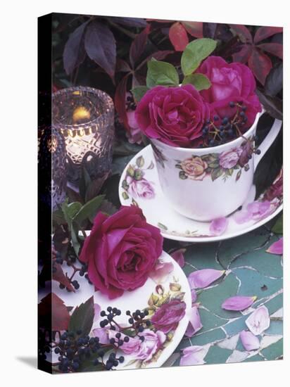 Table and Tableware Decorated with Roses-Elke Borkowski-Stretched Canvas