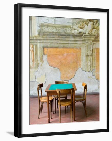 Table and Wall at 15th century Sedile Dominova Social Club, Sorrento, Campania, Italy-Walter Bibikow-Framed Photographic Print