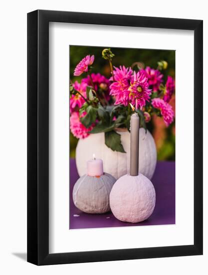 Table decoration, pumpkins, vase, flowers, candles,-mauritius images-Framed Photographic Print