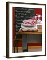 Table Linen: Fabric Napkins on a Pile of Plates-Jan-peter Westermann-Framed Photographic Print