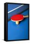 Table Tennis or Ping Pong Rackets and Balls on a Blue Table-Andreyuu-Framed Stretched Canvas