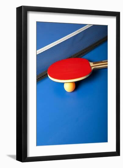 Table Tennis or Ping Pong Rackets and Balls on a Blue Table-Andreyuu-Framed Photographic Print