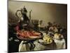 Table with Lobster, Silver Jug, Big Berkemeyer, Fruit Bowl, Violin and Books, 1641-Pieter Claesz-Mounted Premium Giclee Print