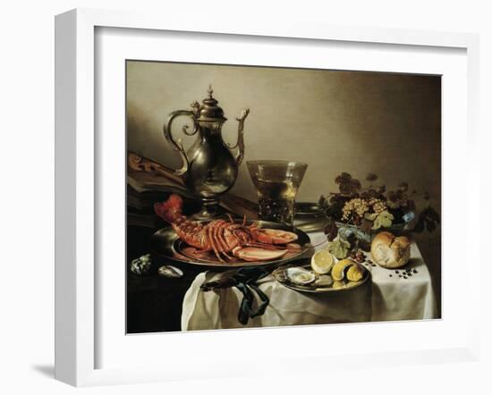 Table with Lobster, Silver Jug, Big Berkemeyer, Fruit Bowl, Violin and Books, 1641-Pieter Claesz-Framed Giclee Print