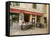 Tables outside coffee shop, Trogir, Dalamatia, Croatia-Merrill Images-Framed Stretched Canvas