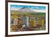 Tacoma Downtown with Mt. Rainier - Tacoma, WA-Lantern Press-Framed Art Print