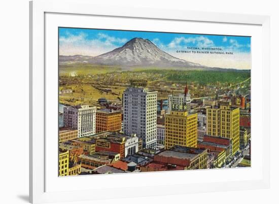 Tacoma Downtown with Mt. Rainier - Tacoma, WA-Lantern Press-Framed Premium Giclee Print
