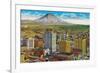 Tacoma Downtown with Mt. Rainier - Tacoma, WA-Lantern Press-Framed Premium Giclee Print