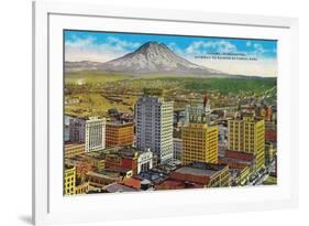 Tacoma Downtown with Mt. Rainier - Tacoma, WA-Lantern Press-Framed Premium Giclee Print