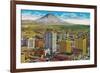 Tacoma Downtown with Mt. Rainier - Tacoma, WA-Lantern Press-Framed Premium Giclee Print