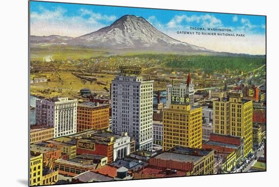 Tacoma Downtown with Mt. Rainier - Tacoma, WA-Lantern Press-Mounted Premium Giclee Print