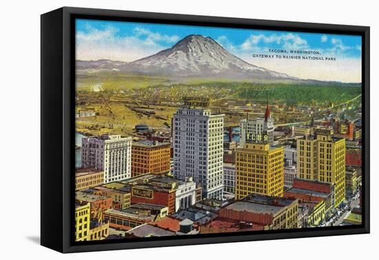 Tacoma Downtown with Mt. Rainier - Tacoma, WA-Lantern Press-Framed Stretched Canvas