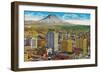 Tacoma Downtown with Mt. Rainier - Tacoma, WA-Lantern Press-Framed Art Print