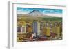 Tacoma Downtown with Mt. Rainier - Tacoma, WA-Lantern Press-Framed Art Print