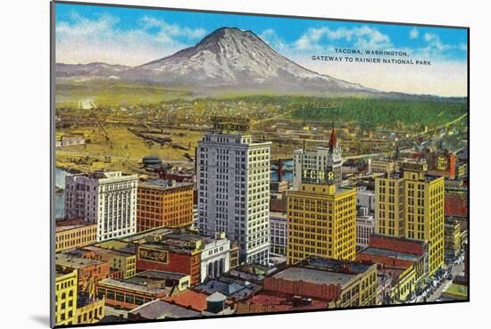 Tacoma Downtown with Mt. Rainier - Tacoma, WA-Lantern Press-Mounted Art Print