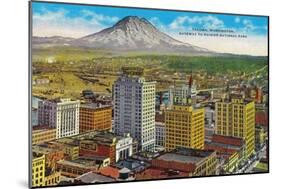 Tacoma Downtown with Mt. Rainier - Tacoma, WA-Lantern Press-Mounted Art Print