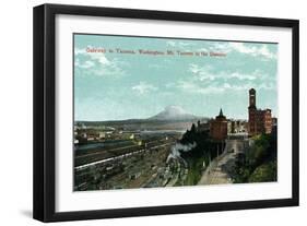 Tacoma, Washington, Aerial View of the Tacoma Gateway , Mt. Tacoma in Distance-Lantern Press-Framed Art Print