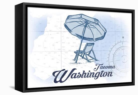 Tacoma, Washington - Beach Chair and Umbrella - Blue - Coastal Icon-Lantern Press-Framed Stretched Canvas