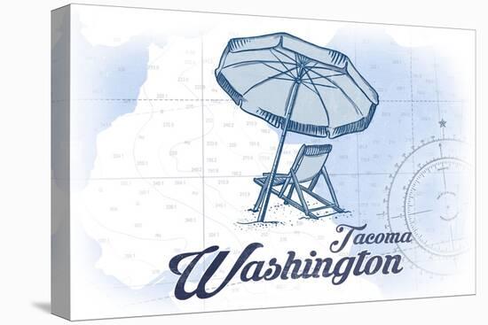 Tacoma, Washington - Beach Chair and Umbrella - Blue - Coastal Icon-Lantern Press-Stretched Canvas