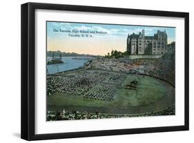 Tacoma, Washington, Exterior View of High School and Stadium, Flag Formation-Lantern Press-Framed Art Print