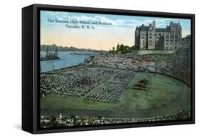 Tacoma, Washington, Exterior View of High School and Stadium, Flag Formation-Lantern Press-Framed Stretched Canvas
