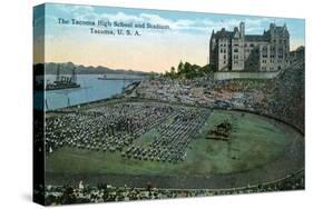 Tacoma, Washington, Exterior View of High School and Stadium, Flag Formation-Lantern Press-Stretched Canvas