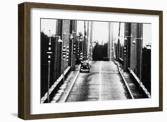 Tacoma, Washington - November 7, 1940 - Tacoma Narrows Bridge - Car on Bridge-Lantern Press-Framed Art Print