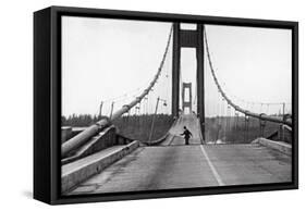 Tacoma, Washington - November 7, 1940 - Tacoma Narrows Bridge - Man on Bridge-Lantern Press-Framed Stretched Canvas