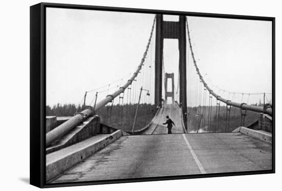 Tacoma, Washington - November 7, 1940 - Tacoma Narrows Bridge - Man on Bridge-Lantern Press-Framed Stretched Canvas