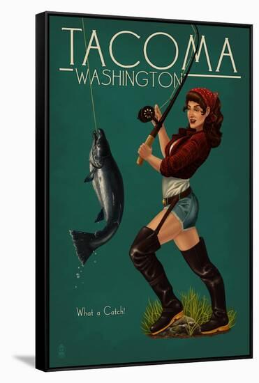 Tacoma, Washington - Pinup Girl Fishing-Lantern Press-Framed Stretched Canvas