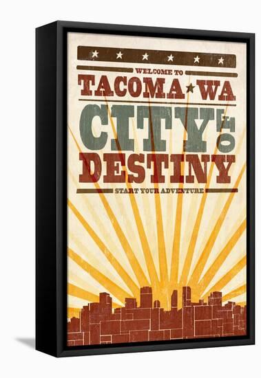 Tacoma, Washington - Skyline and Sunburst Screenprint Style-Lantern Press-Framed Stretched Canvas