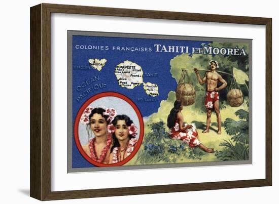 Tahiti - Map of the Island and Moorea Island, Natives Wearing Lais-Lantern Press-Framed Art Print