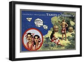 Tahiti - Map of the Island and Moorea Island, Natives Wearing Lais-Lantern Press-Framed Art Print