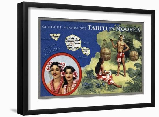 Tahiti - Map of the Island and Moorea Island, Natives Wearing Lais-Lantern Press-Framed Art Print