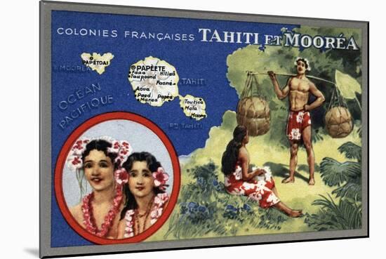 Tahiti - Map of the Island and Moorea Island, Natives Wearing Lais-Lantern Press-Mounted Art Print