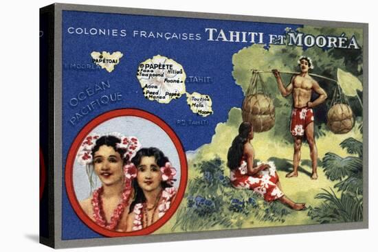 Tahiti - Map of the Island and Moorea Island, Natives Wearing Lais-Lantern Press-Stretched Canvas