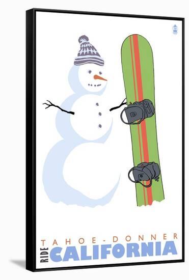 Tahoe-Donner, California, Snowman with Snowboard-Lantern Press-Framed Stretched Canvas