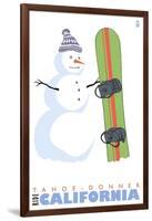Tahoe-Donner, California, Snowman with Snowboard-Lantern Press-Framed Art Print