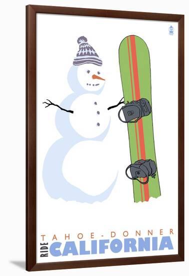 Tahoe-Donner, California, Snowman with Snowboard-Lantern Press-Framed Art Print