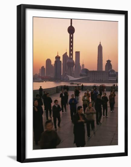 Tai-Chi on the Bund, Oriental Pearl TV Tower and High Rises, Shanghai, China-Keren Su-Framed Premium Photographic Print