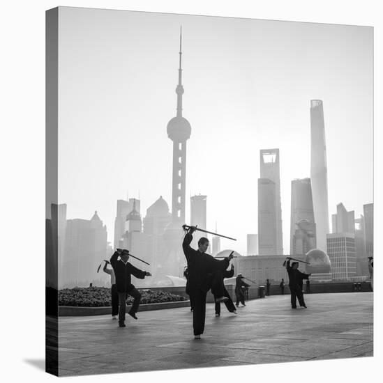 Tai Chi on the Bund (With Pudong Skyline Behind), Shanghai, China-Jon Arnold-Stretched Canvas