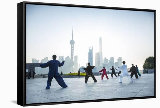 Tai Chi on the Bund (With Pudong Skyline Behind), Shanghai, China-Jon Arnold-Framed Stretched Canvas