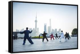 Tai Chi on the Bund (With Pudong Skyline Behind), Shanghai, China-Jon Arnold-Framed Stretched Canvas