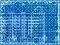 Grunge Blue Horizontal Architectural Background with Elements of Plan and Facade Drawings-tairen-Framed Art Print