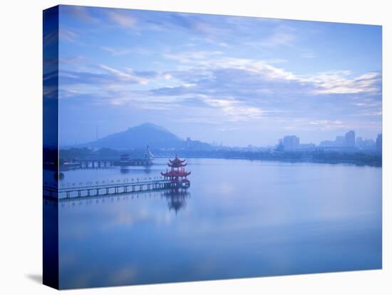 Taiwan, Kaohsiung, Lotus Pond, View of Bridge Leading to Spring and Autumn Pagodas with Statue of S-Jane Sweeney-Stretched Canvas