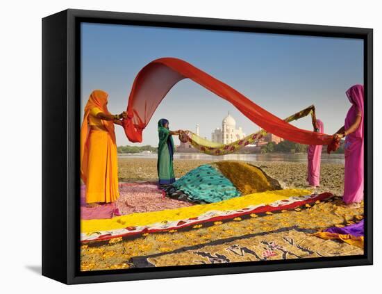 Taj Mahal, UNESCO World Heritage Site, across Yamuna River, Women Drying Colourful Saris, Agra, Utt-Gavin Hellier-Framed Stretched Canvas